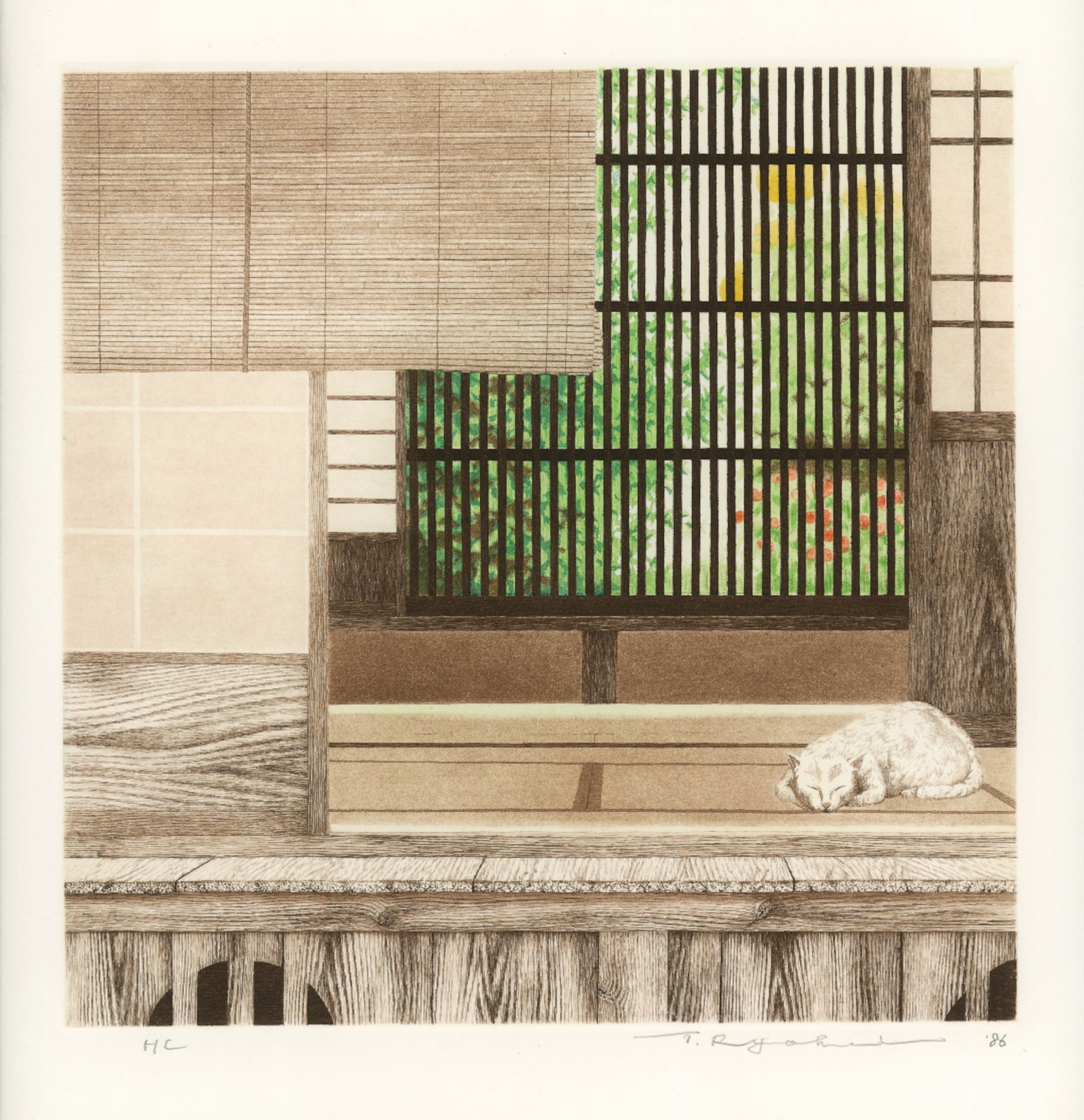 Tanaka Ryōhei (1933-2019), Zomerkamer (sepia), kleurets en aquatint, 30 × 30 cm, Japan 1986